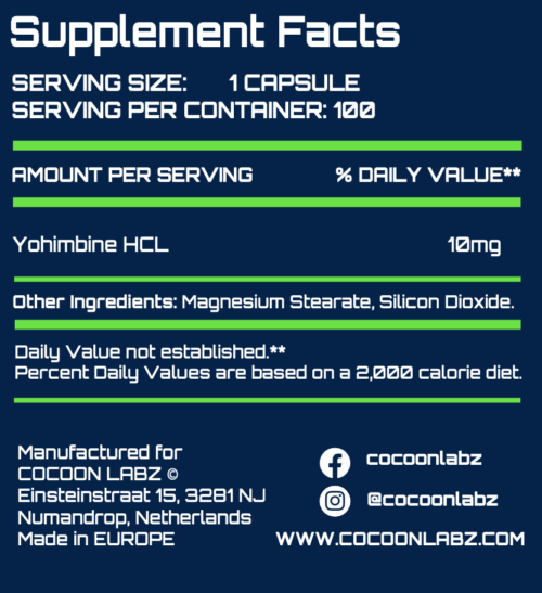 YHCL, Yohimbine 10mg, 100 caps Cocoonlabz